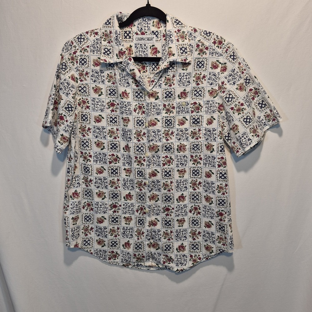 Cabin Creek Womens Lrg Shirt Cottage Granny 90's Vintage Boho Floral Blocks Folk